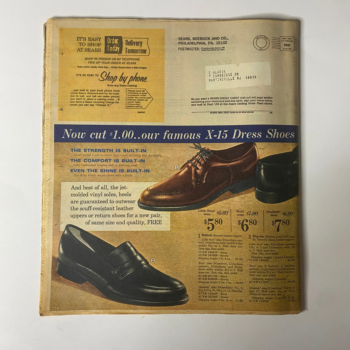 1967 Sears Timely Back To School Catalog displaying X-15 Dress Shoes with price details, illustrating classic footwear options in the context of 1960s American fashion.