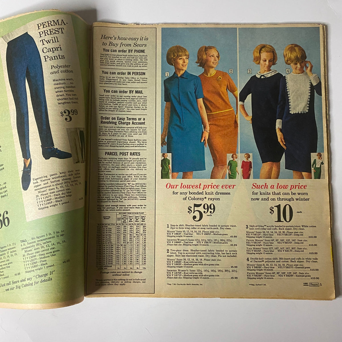 Inside spread of the 1967 Sears Perma-Prest Pants Catalog showcasing various women's dresses with affordable prices, including options for Coloray® rayon.