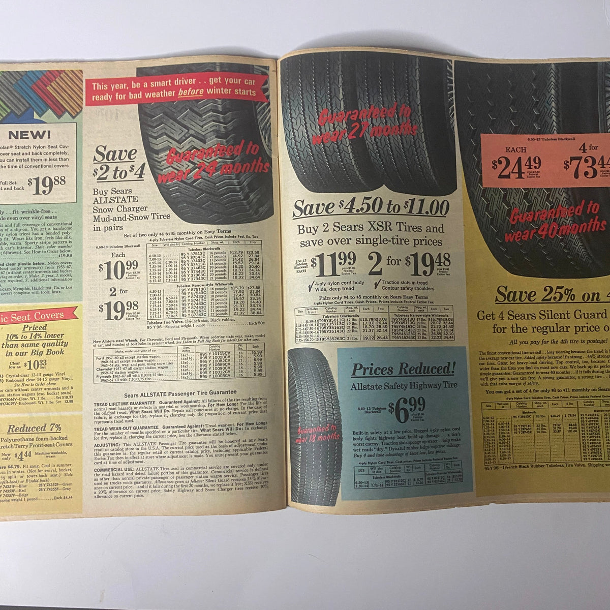 1967 Sears Perma-Prest Pants Catalog highlighting tire sales with discount information alongside product details.