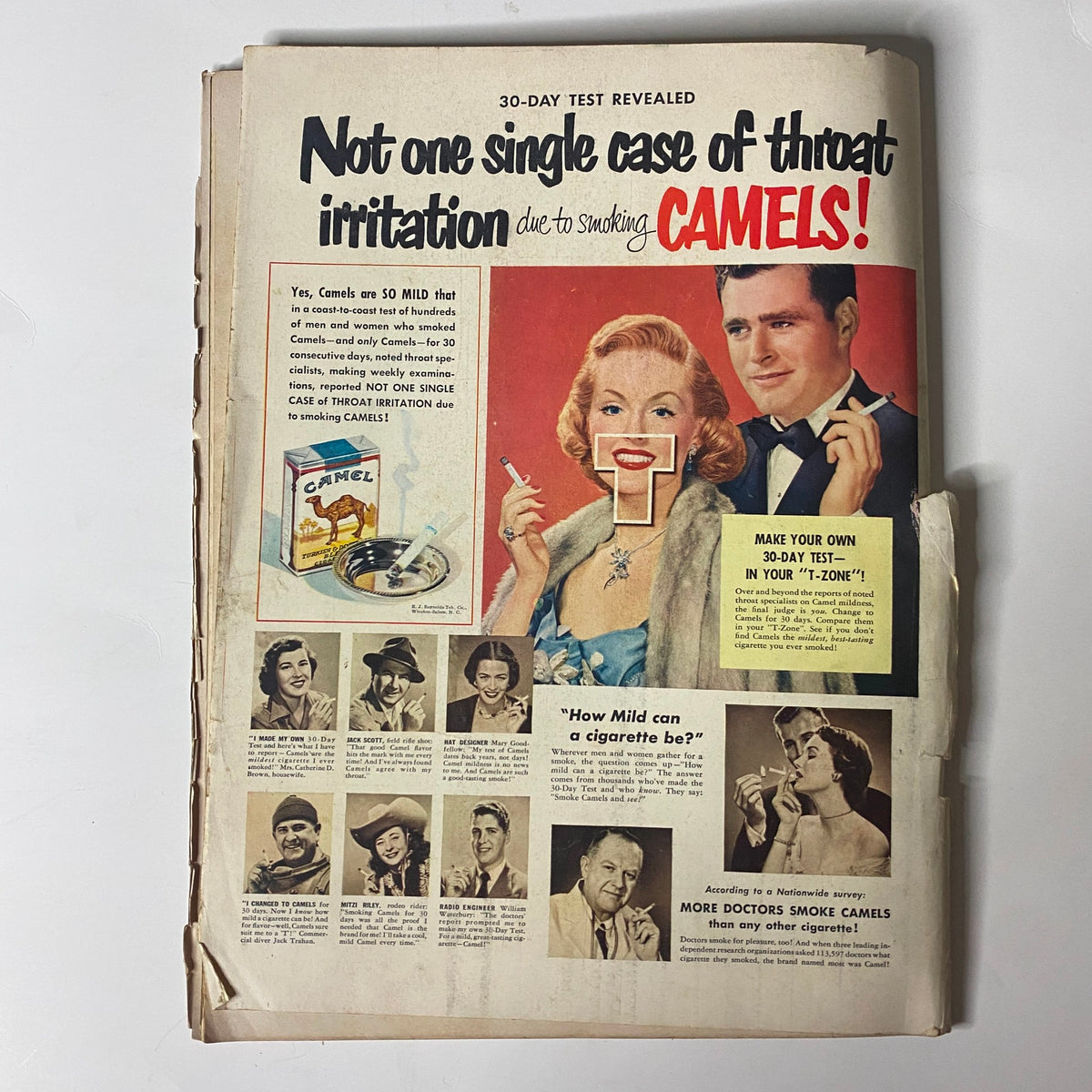 Life Magazine October 10, 1949, featuring an advertisement for Camels cigarettes claiming no irritation from smoking, alongside images of a woman and a man.