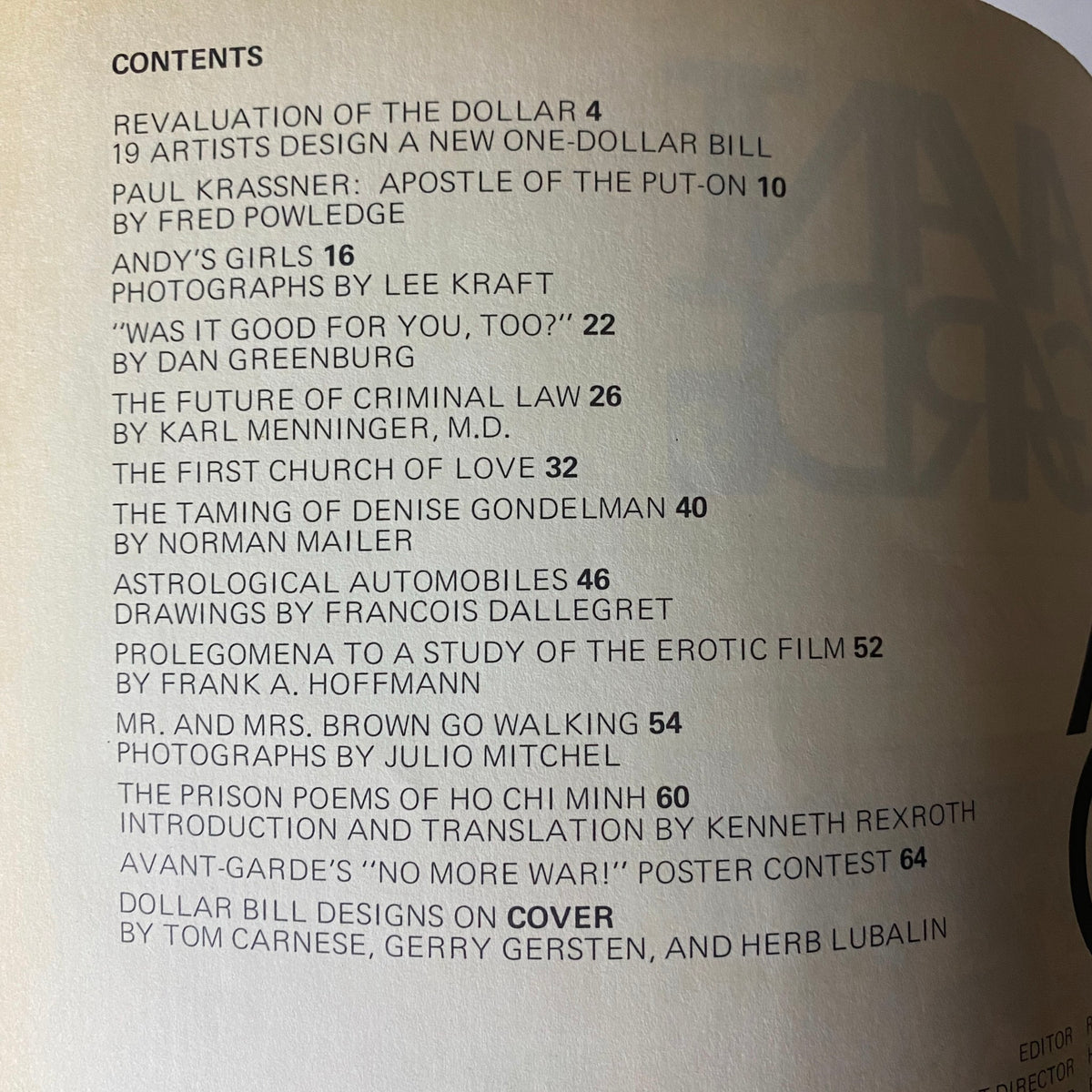 Table of contents from Avant Garde Magazine May 1968 #3 listing featured articles and sections, including 'Revaluation of the Dollar' and contributions from various artists and writers.