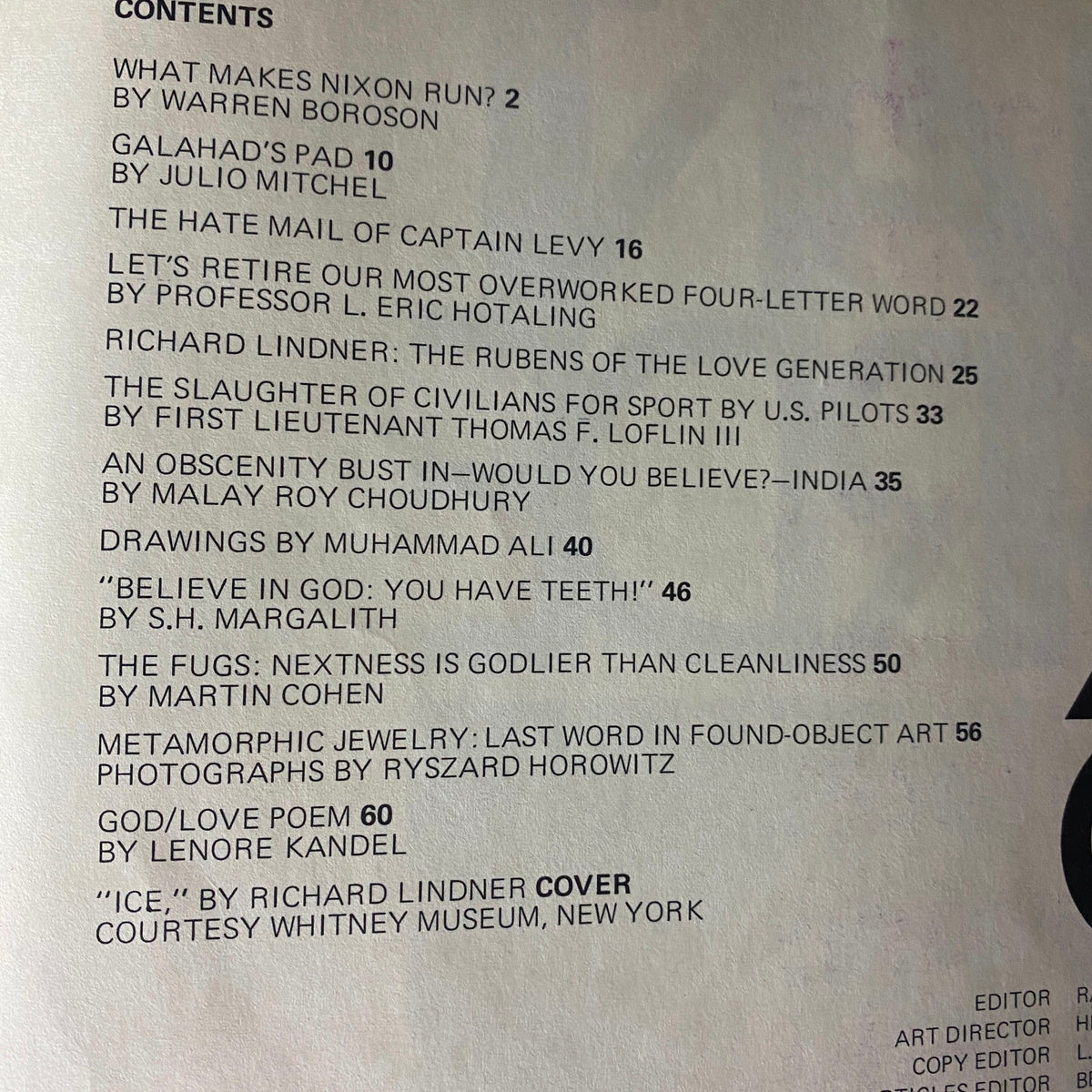 Table of contents from Avant Garde Magazine January 1968, featuring articles like 'What Makes Nixon Run?' and 'The Hate Mail of Captain Levy'.