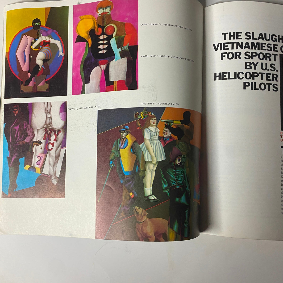 Another inside view of Avant Garde Magazine January 1968, depicting artwork related to Vietnam War commentary in 'The Slaughter of Civilians for Sport by U.S. Pilots'.
