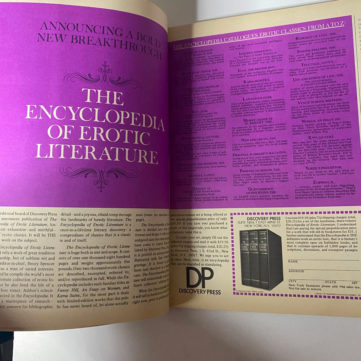 Advertisement for 'The Encyclopedia of Erotic Literature' in Avant Garde Magazine November 1968, showcasing a bold design.