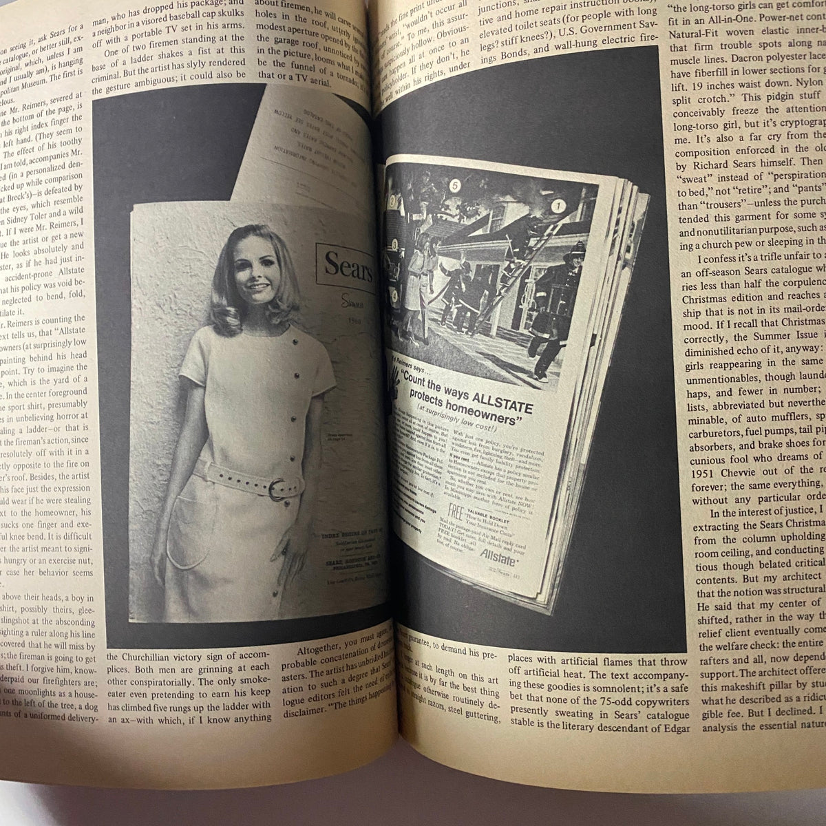 Page from Avant Garde Magazine November 1968 with an image of a woman and an advertisement featuring Sears, blending 1960s culture and marketing.