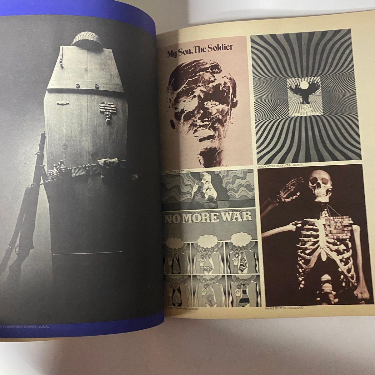 Pages displaying powerful anti-war imagery in Avant Garde Magazine November 1968, highlighting 'No More War!' themes.
