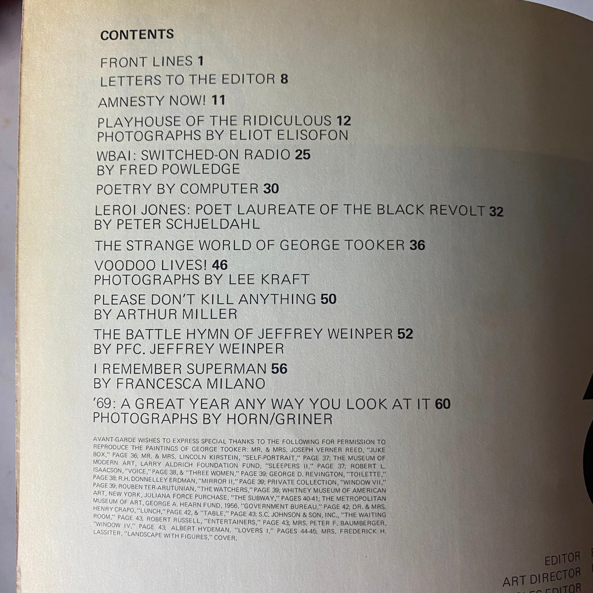 Contents page from Avant Garde Magazine March 1969, Issue No. 4 listing featured articles including 'The Battle Hymn of Jeffrey Weiner'.