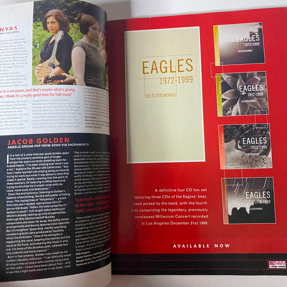 Another image from Uncut UK Rock Magazine August 2002 focusing on The Eagles with a promotional page for their 1972-1999 compilation box set, featuring album covers and a promotional banner.