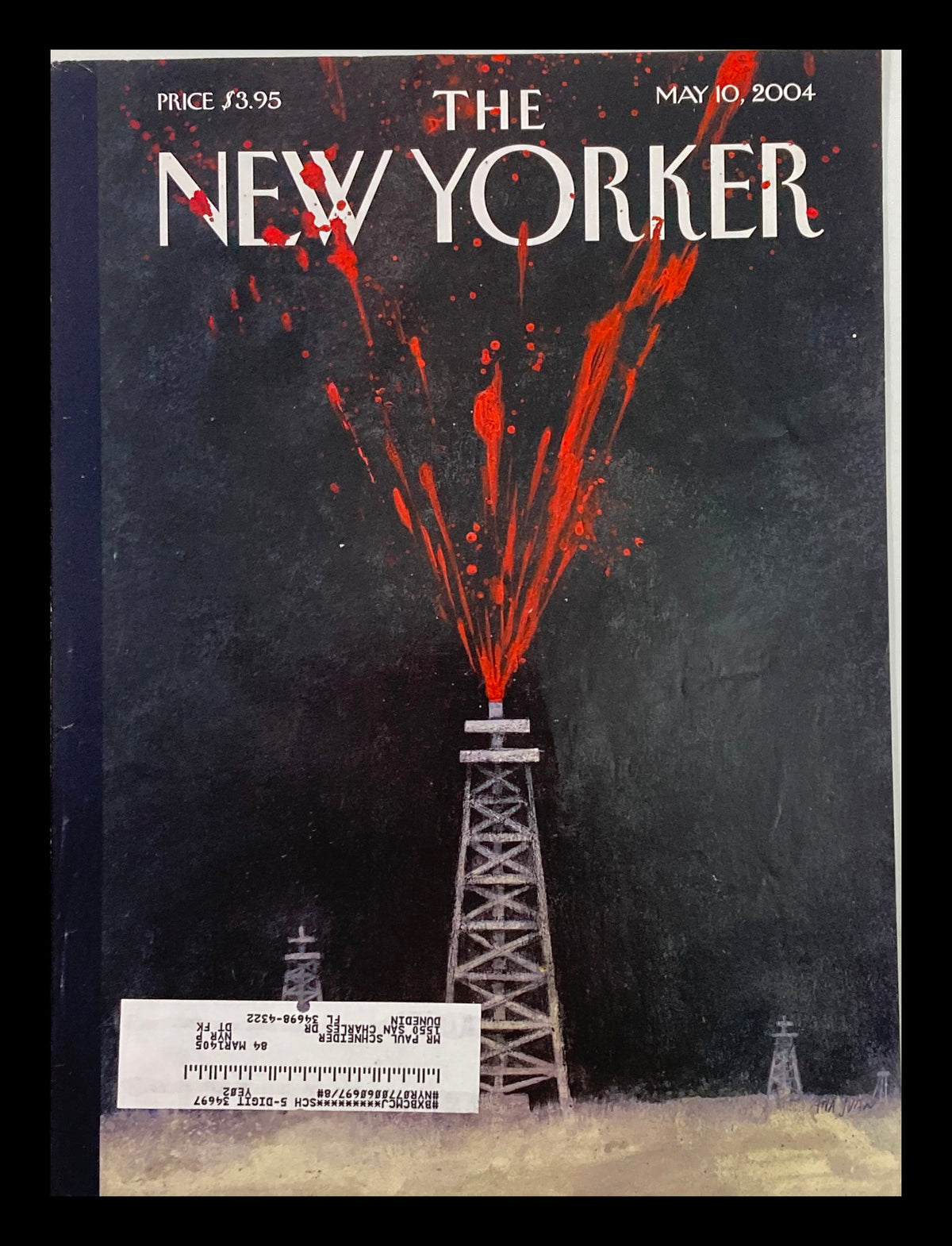 Cover of The New Yorker, May 10, 2004, titled 'Open Wound' by Ana Juan, featuring a striking illustration of oil derricks with splashes of red against a dark background.
