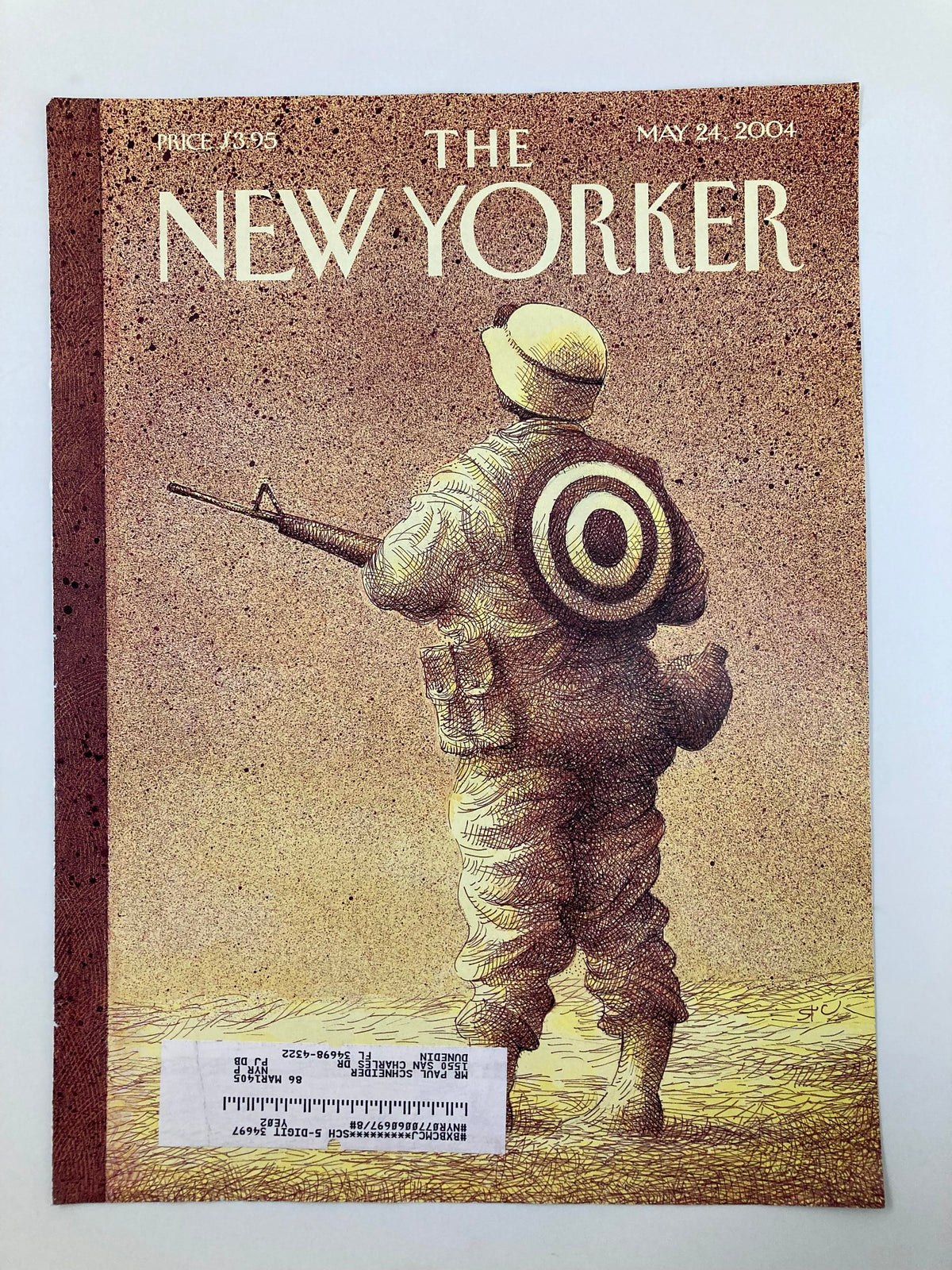 The New Yorker cover from May 24, 2004, showcasing 'Army of One' illustration by Raul Colón, featuring a soldier in a military uniform with a unique target motif.