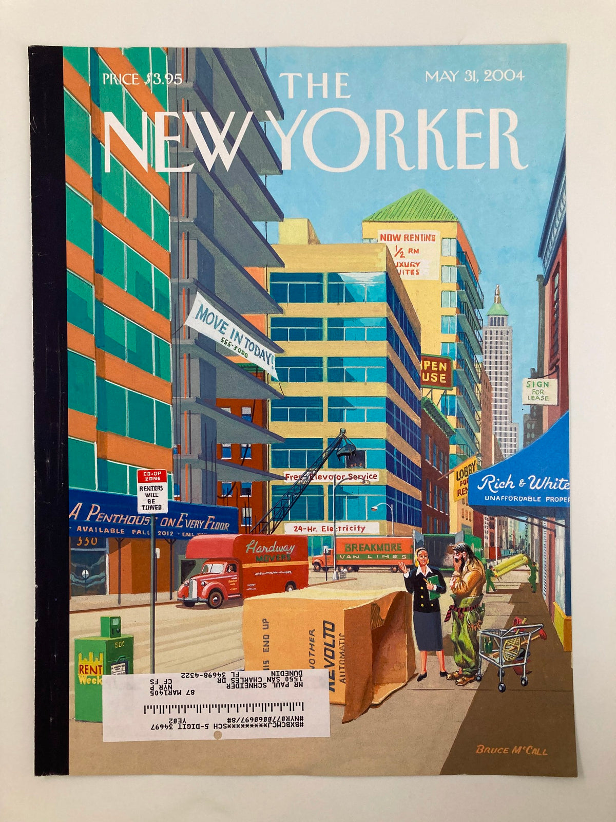 The New Yorker cover from May 31, 2004, titled 'A Penthouse on Every Floor' by Bruce McCall, showcasing a vibrant city scene with modern buildings and people engaging in urban life.