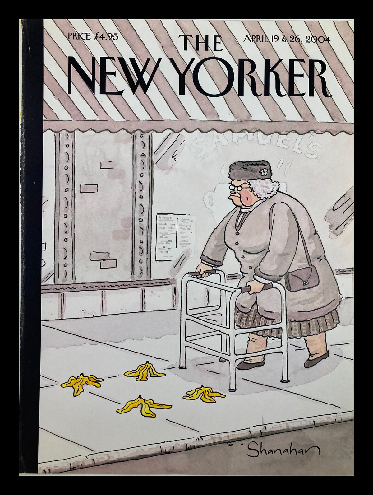 Cover of The New Yorker, dated April 19, 2004, featuring the illustration 'Slip on Bananas' by Danny Shanahan, depicting an elderly woman with a walker surrounded by banana peels.