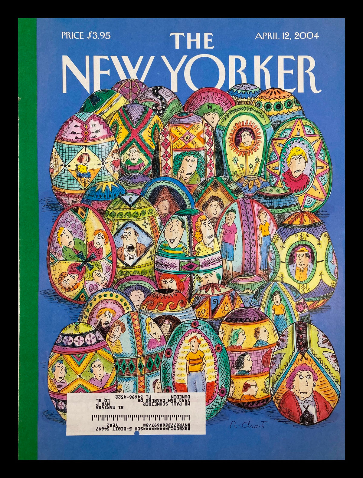 COVER ONLY The New Yorker April 12 2004 Easter Eggs by Roz Chast featuring colorful depictions of decorated Easter eggs, illustrating whimsical characters and playful designs.