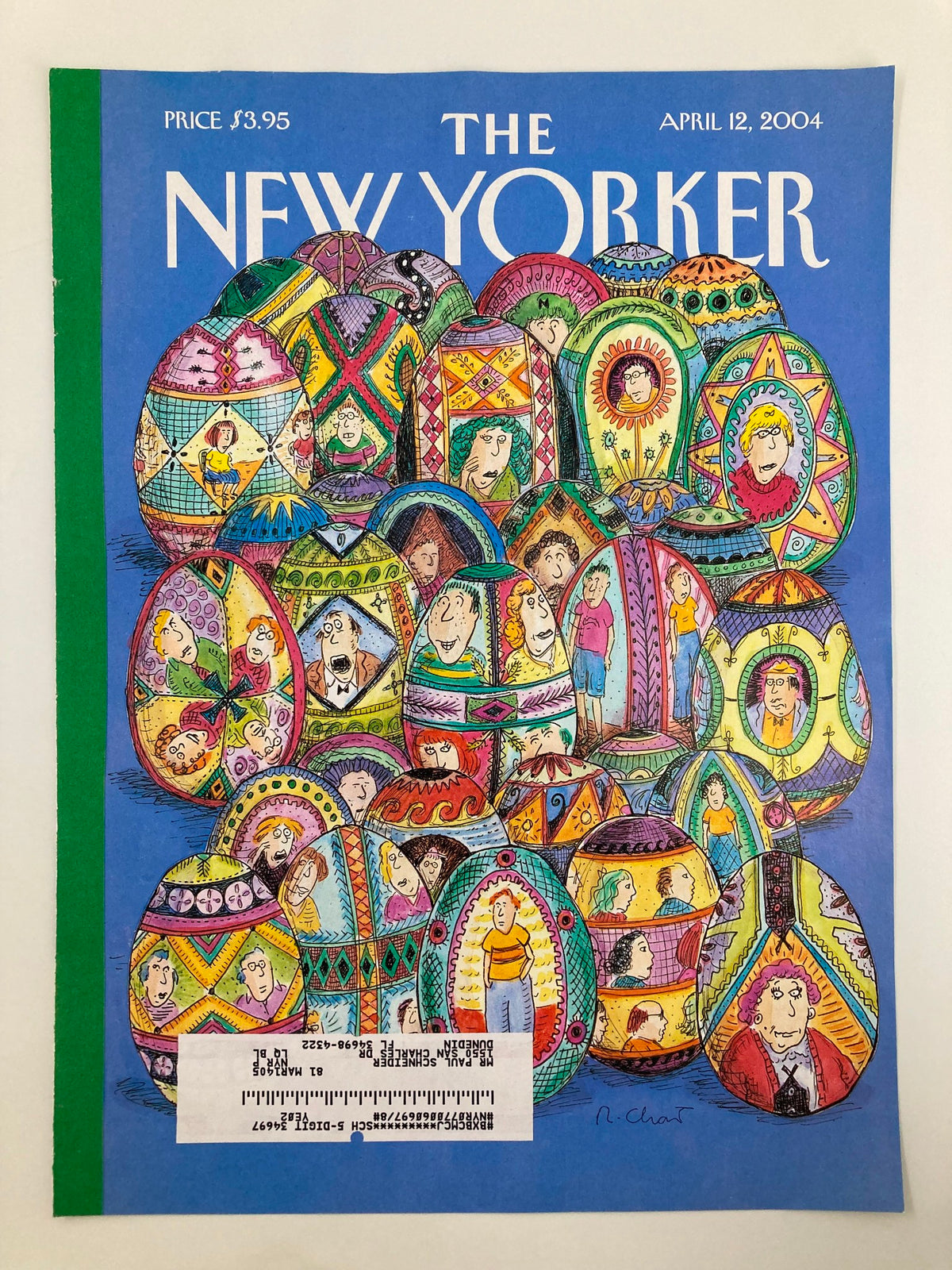 COVER ONLY The New Yorker April 12 2004 Easter Eggs by Roz Chast showcasing a vibrant array of intricately designed Easter eggs, capturing a festive, light-hearted spirit.