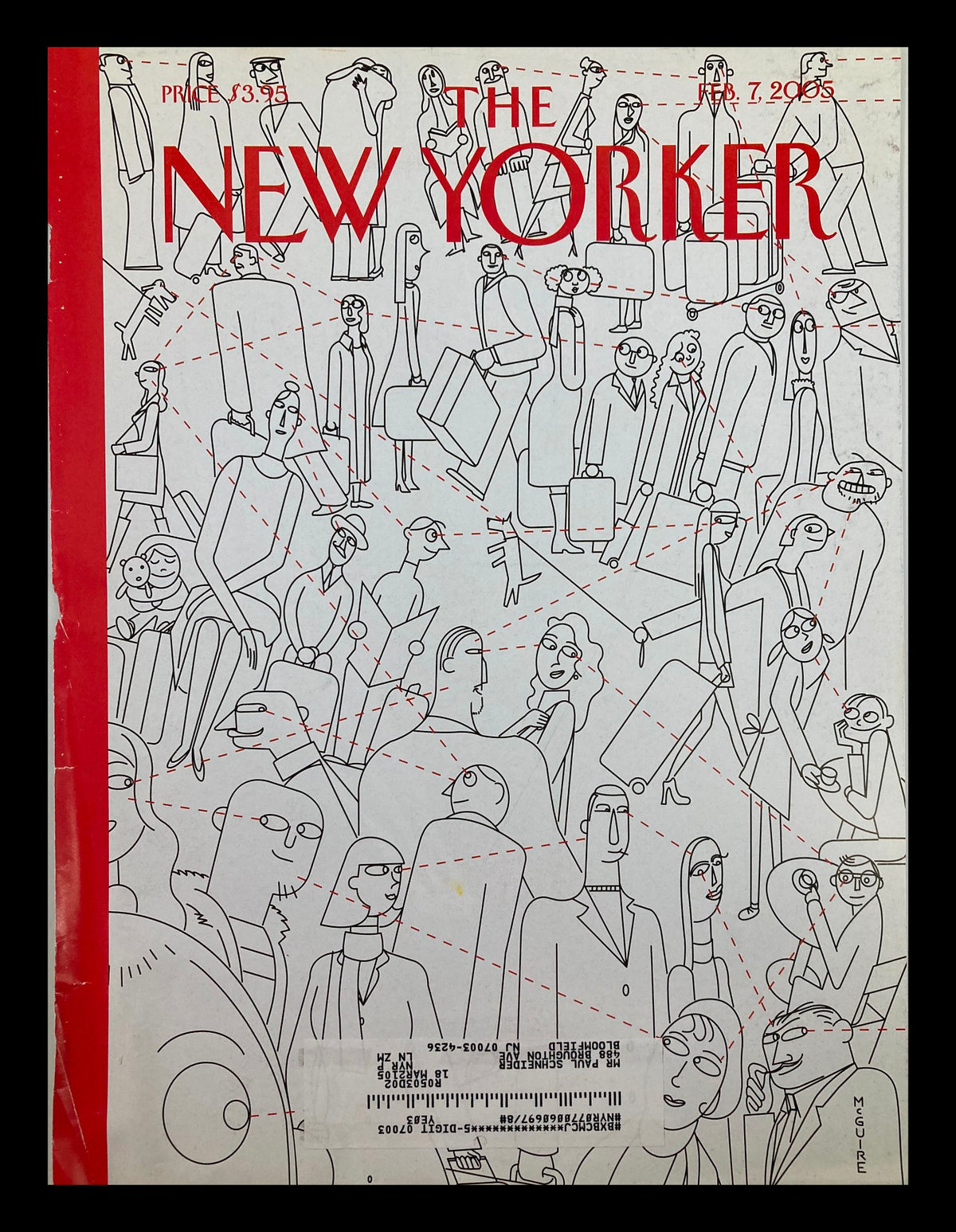 Cover of The New Yorker dated February 7, 2005, featuring the artistic illustration 'Cupid's Arrow' by Richard McGuire, showcasing a crowd of people in various poses, perfect for collectors and fans of contemporary art.