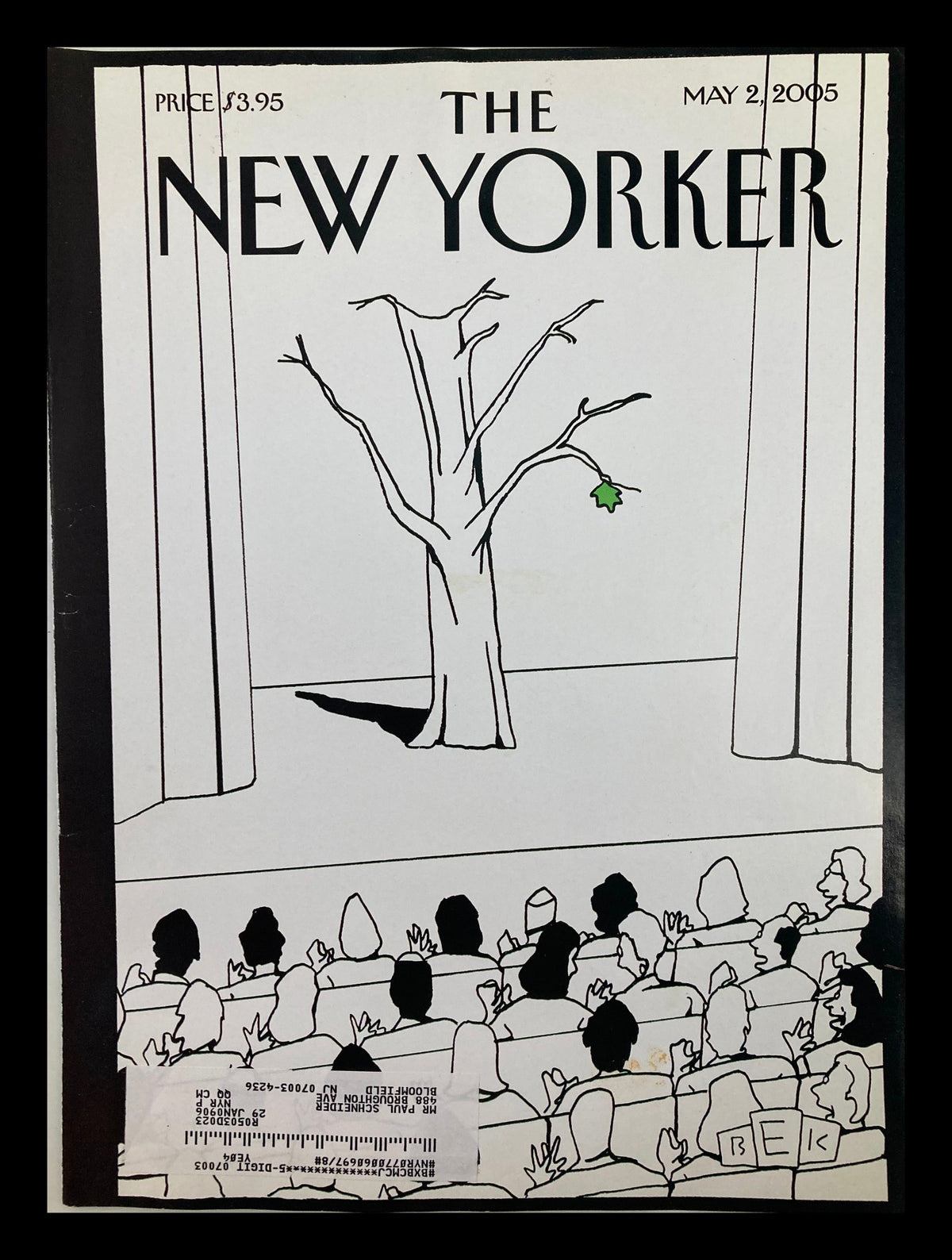 Cover of The New Yorker magazine dated May 2, 2005, titled 'Bravo Spring' featuring a minimalist illustration by Bruce Eric Kaplan of an audience watching a leaf hanging from a tree.