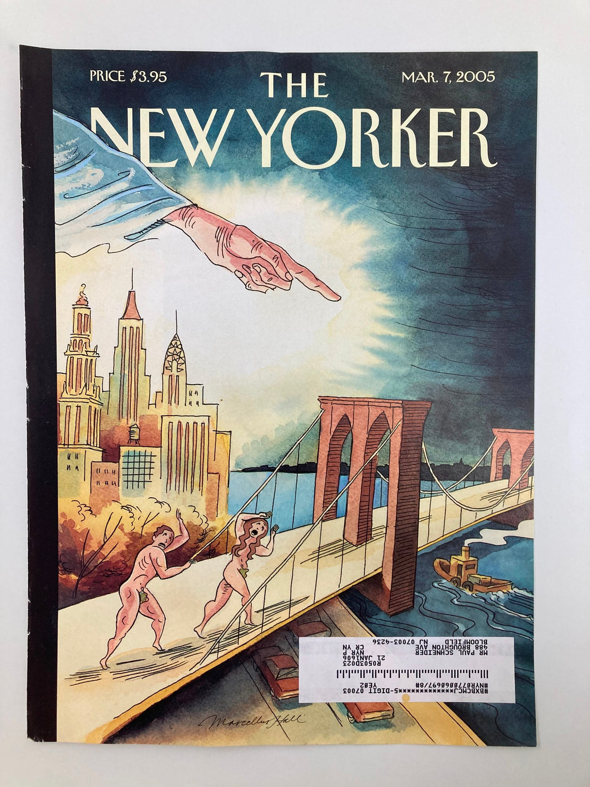 The New Yorker cover from March 7, 2005, displaying the illustration 'Unaffordable Eden' by Marcellus Hall, depicting figures walking on a bridge against a city backdrop.