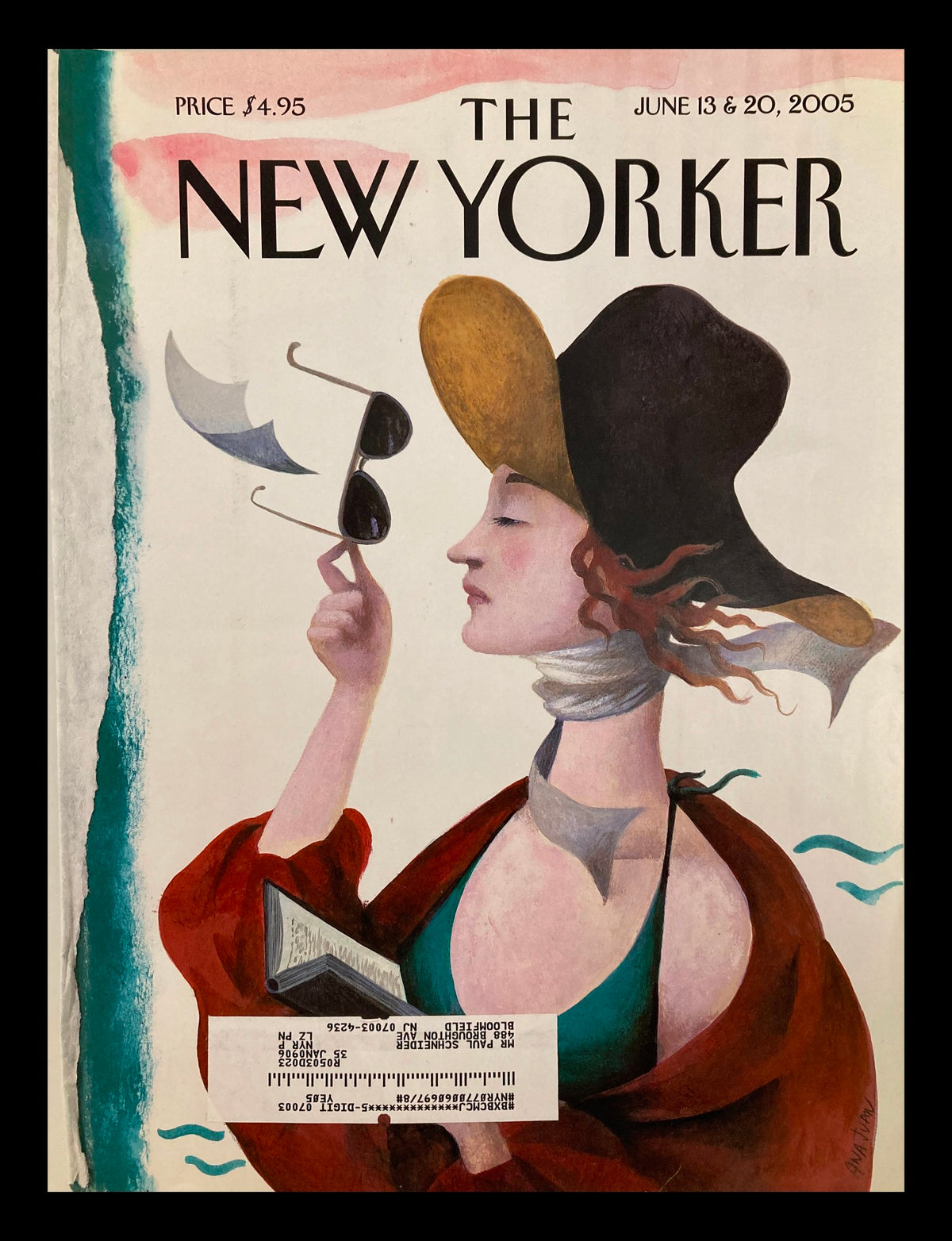 Cover art of The New Yorker June 13, 2005, titled 'Debut on the Beach' by Ana Juan, depicting a woman in a large hat holding sunglasses against a whimsical seaside backdrop.