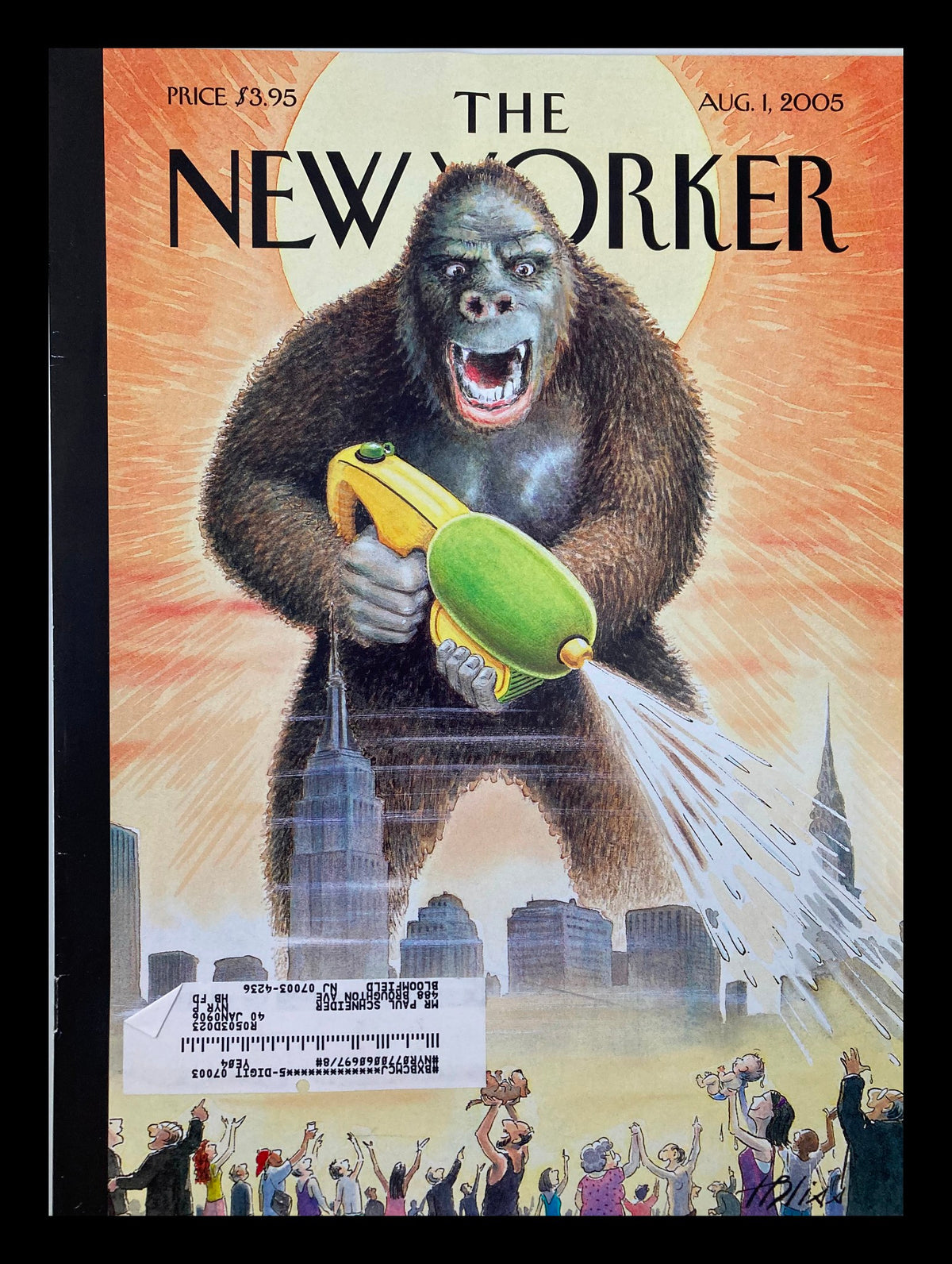 Cover only of The New Yorker from August 1, 2005, featuring whimsical artwork titled 'Son of King Kong' by Harry Bliss, depicting a giant gorilla spraying water while towering over a city.
