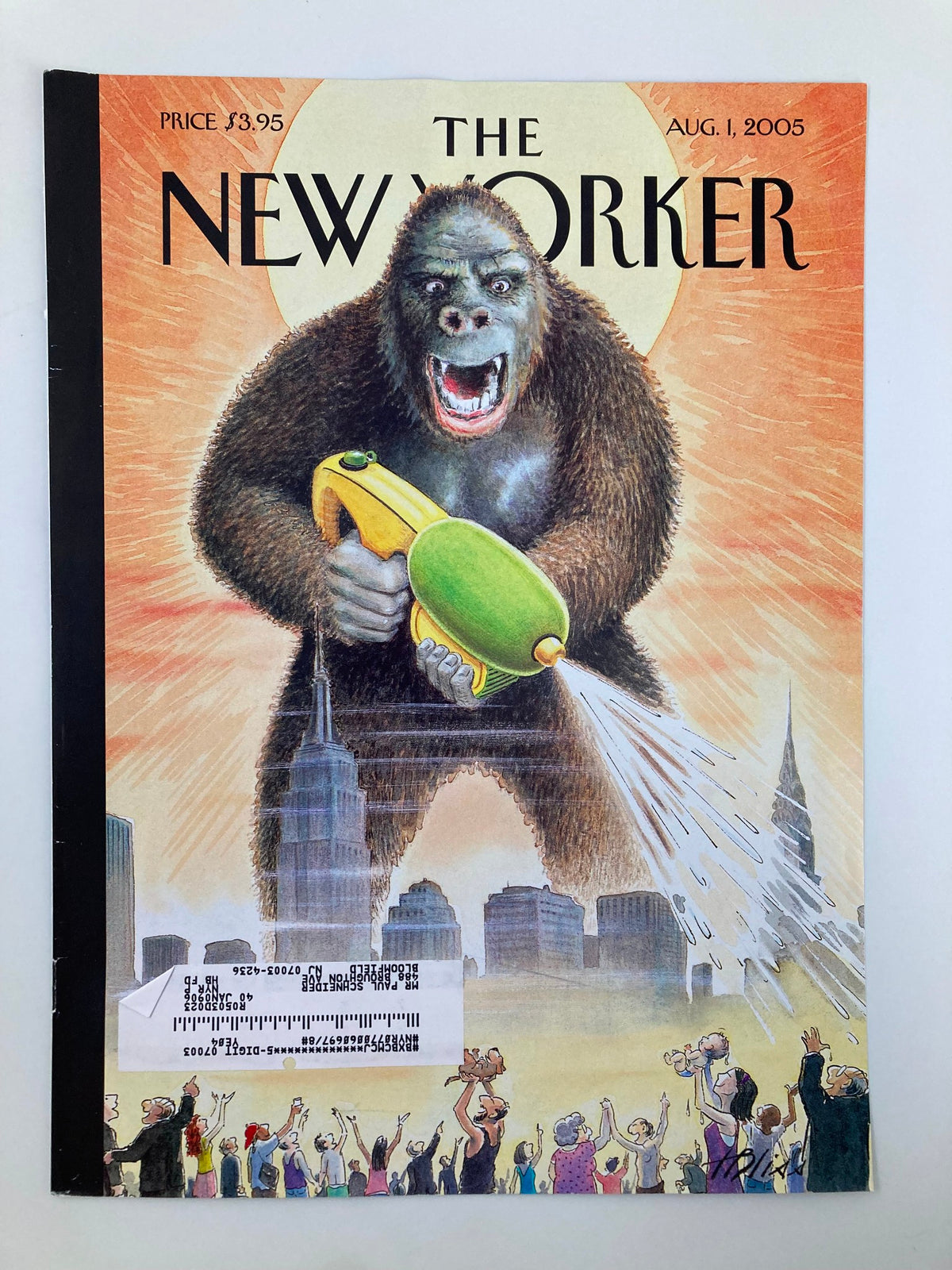 Cover only of The New Yorker dated August 1, 2005, showcasing 'Son of King Kong' by Harry Bliss, illustrating a humorous scene of a large gorilla using a water sprayer against a city backdrop.