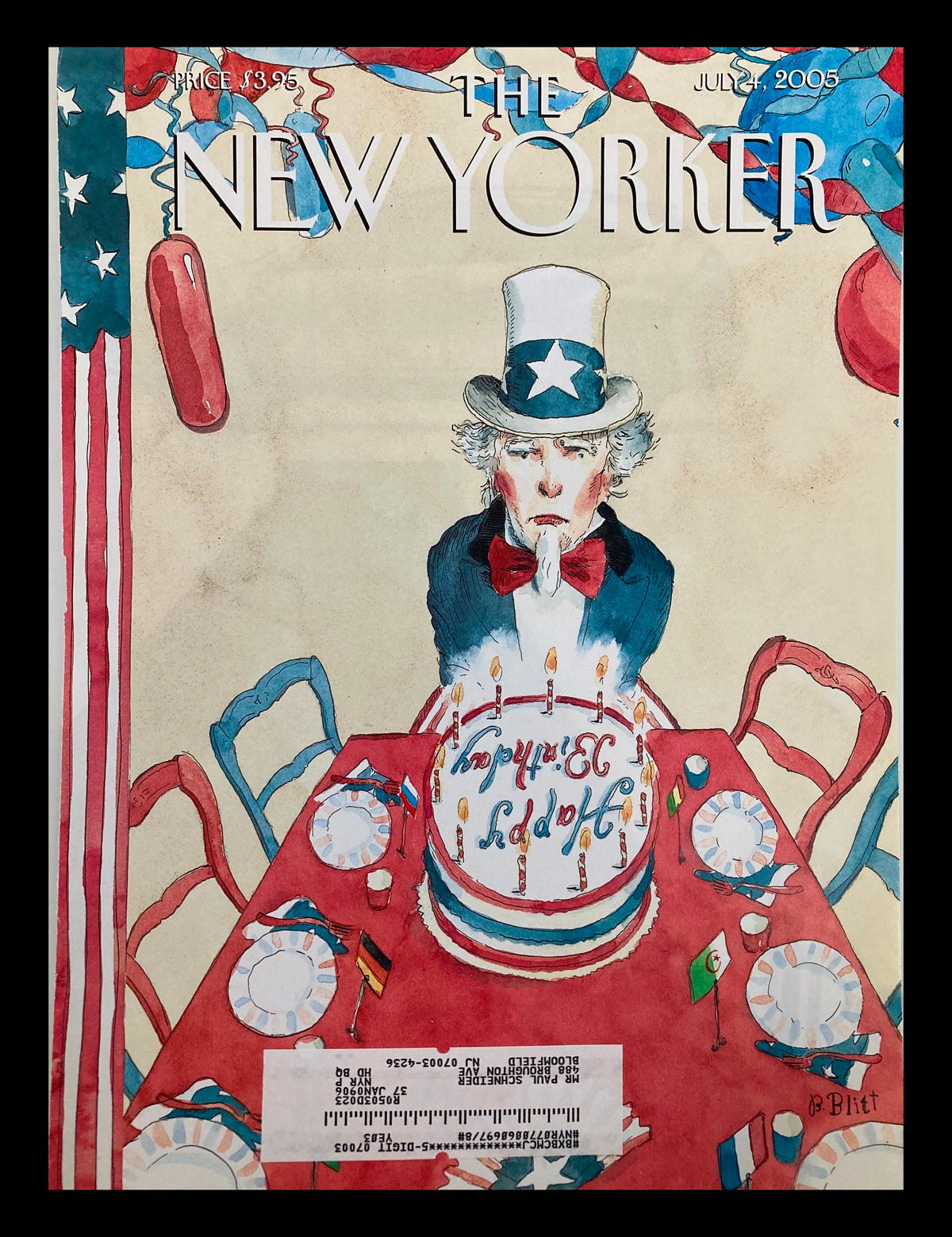 The New Yorker July 4 2005 Party of Clad cover illustration by Barry Blitt featuring Uncle Sam at a decorated table with a birthday cake and festive red, white, and blue elements.