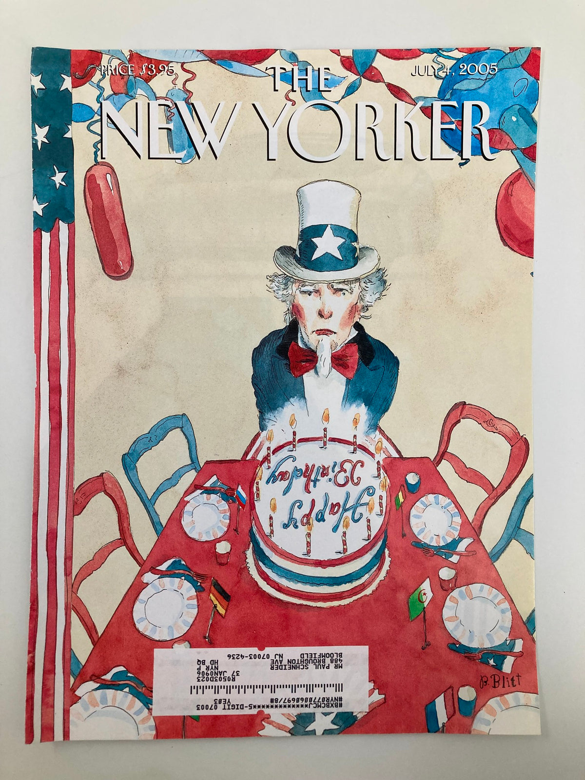 The New Yorker July 4 2005 Party of Clad cover art by Barry Blitt depicting Uncle Sam surrounded by patriotic decorations and a birthday cake, embodying the celebration spirit.