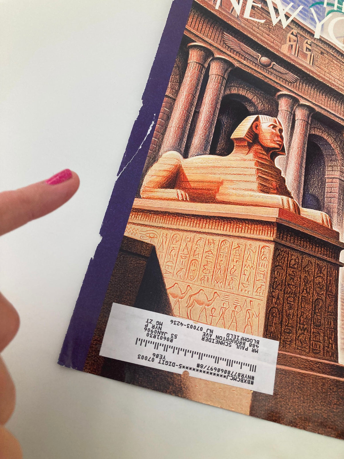 Side view of The New Yorker cover from November 7, 2005, highlighting the artwork 'Arcane Pleasures' by Eric Drooker, with signs of wear evident on the cover.