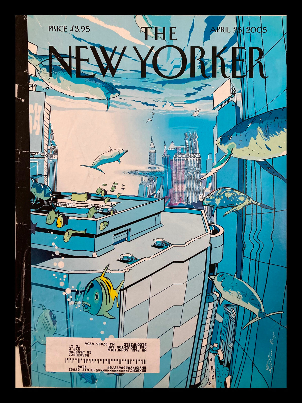Cover only of The New Yorker April 25, 2005 featuring vibrant underwater artwork by Istvan Banyai, showcasing a serene underwater scene with fish and urban architecture.