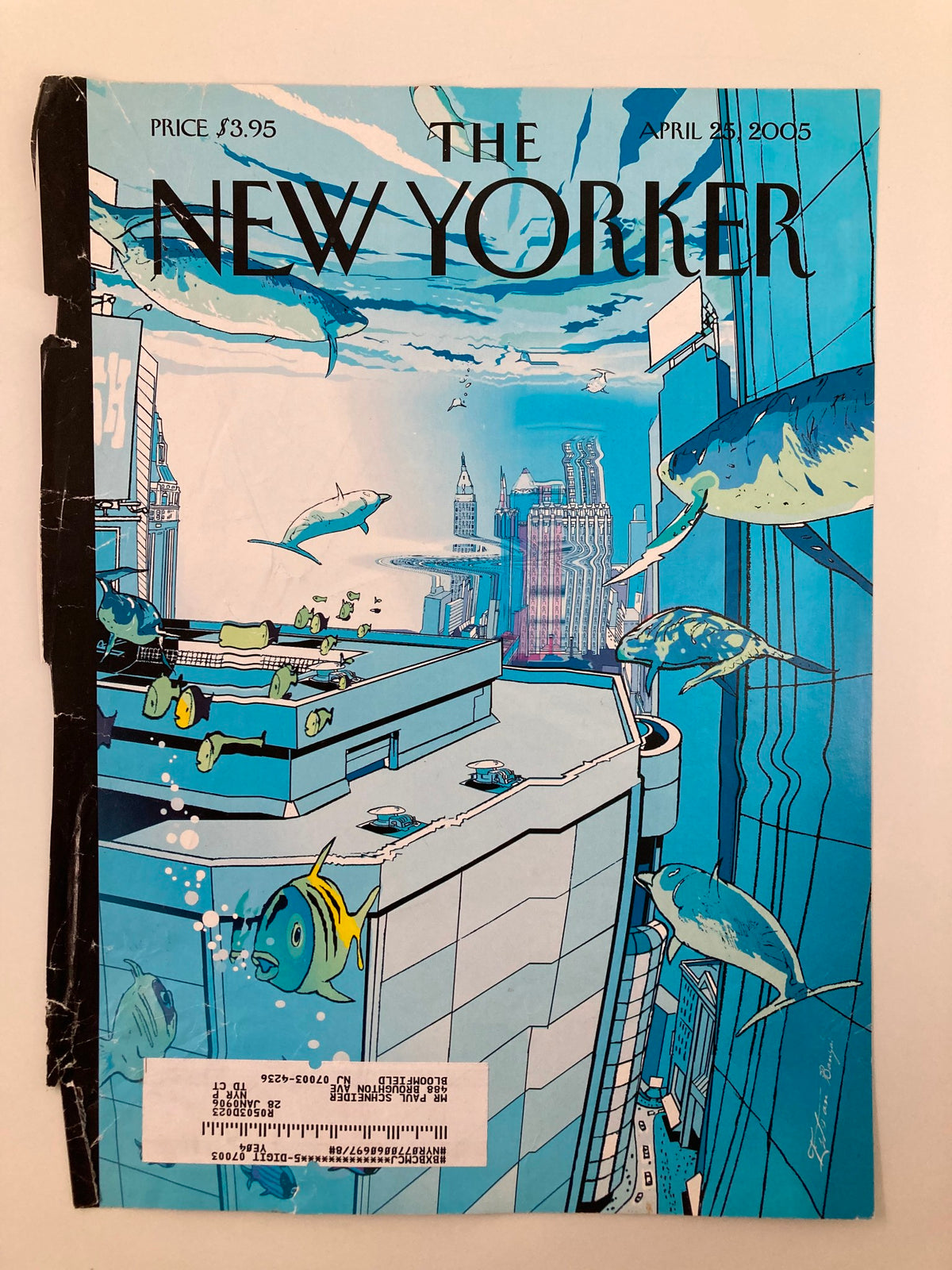 Close-up view of The New Yorker April 25, 2005 cover, highlighting the intricate underwater illustration by Istvan Banyai, depicting aquatic life and cityscape.
