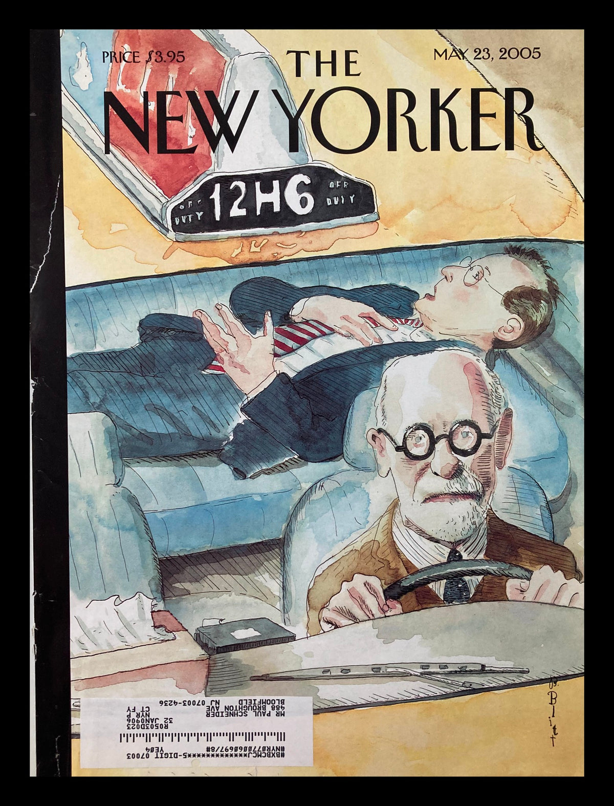 The New Yorker May 23 2005 cover featuring Barry Blitt's illustration, depicting a driver with glasses and a passenger reclining, highlighting a humorous take on contemporary issues.