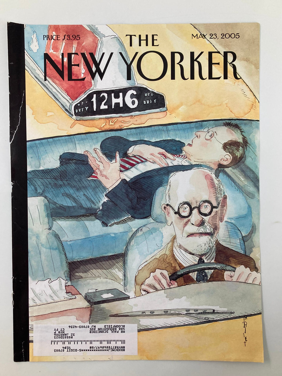 Close-up of The New Yorker May 23 2005 cover by Barry Blitt, showcasing the driver and reclining passenger, with visible address label and wear, perfect for collectors.