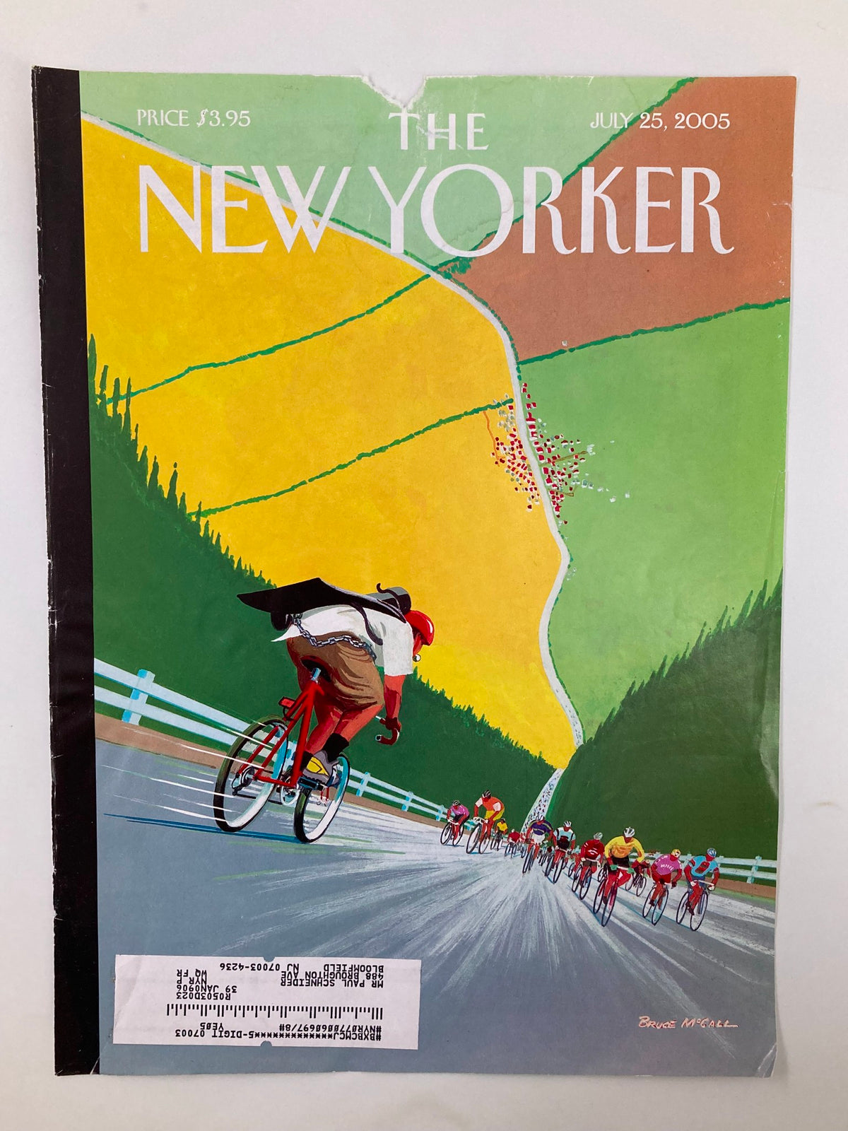 Cover of The New Yorker dated July 25, 2005, titled 'Tour de Force' by Bruce McCall, featuring a vibrant illustration of cyclists on a mountain road.