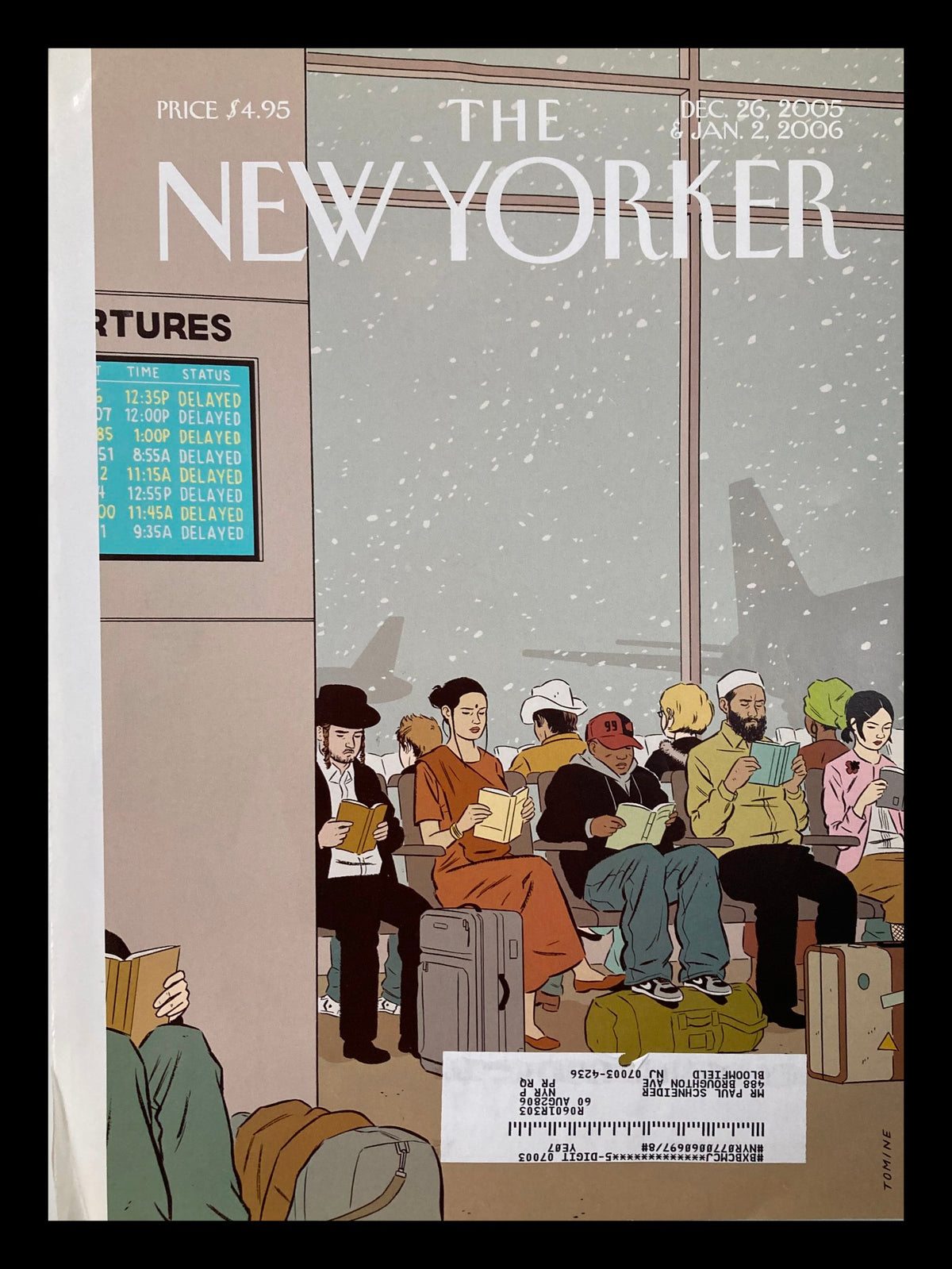 Cover of The New Yorker December 26 2005 titled 'Around The World' by Adrian Tomine, depicting travelers in an airport with a snow scene in the background.