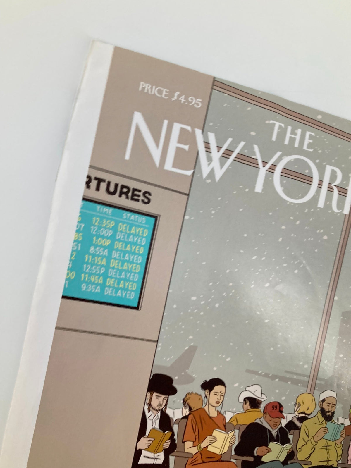 Close-up view of the cover of The New Yorker December 26 2005, with the artwork 'Around The World' by Adrian Tomine, highlighting the departure board showing delayed flights.