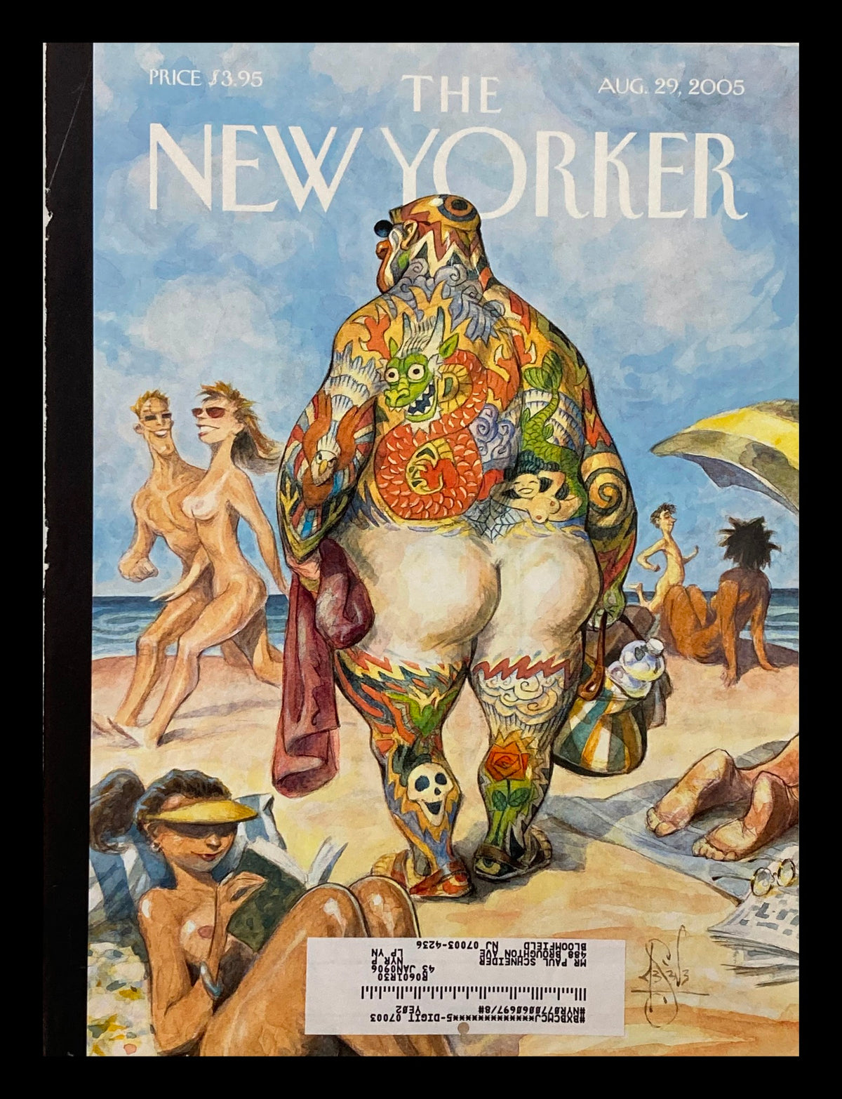 Cover of The New Yorker, August 29, 2005, titled 'Beach Bum' by Peter de Seve, depicting a tattooed man walking on a beach, surrounded by sunbathers and beach scenery.