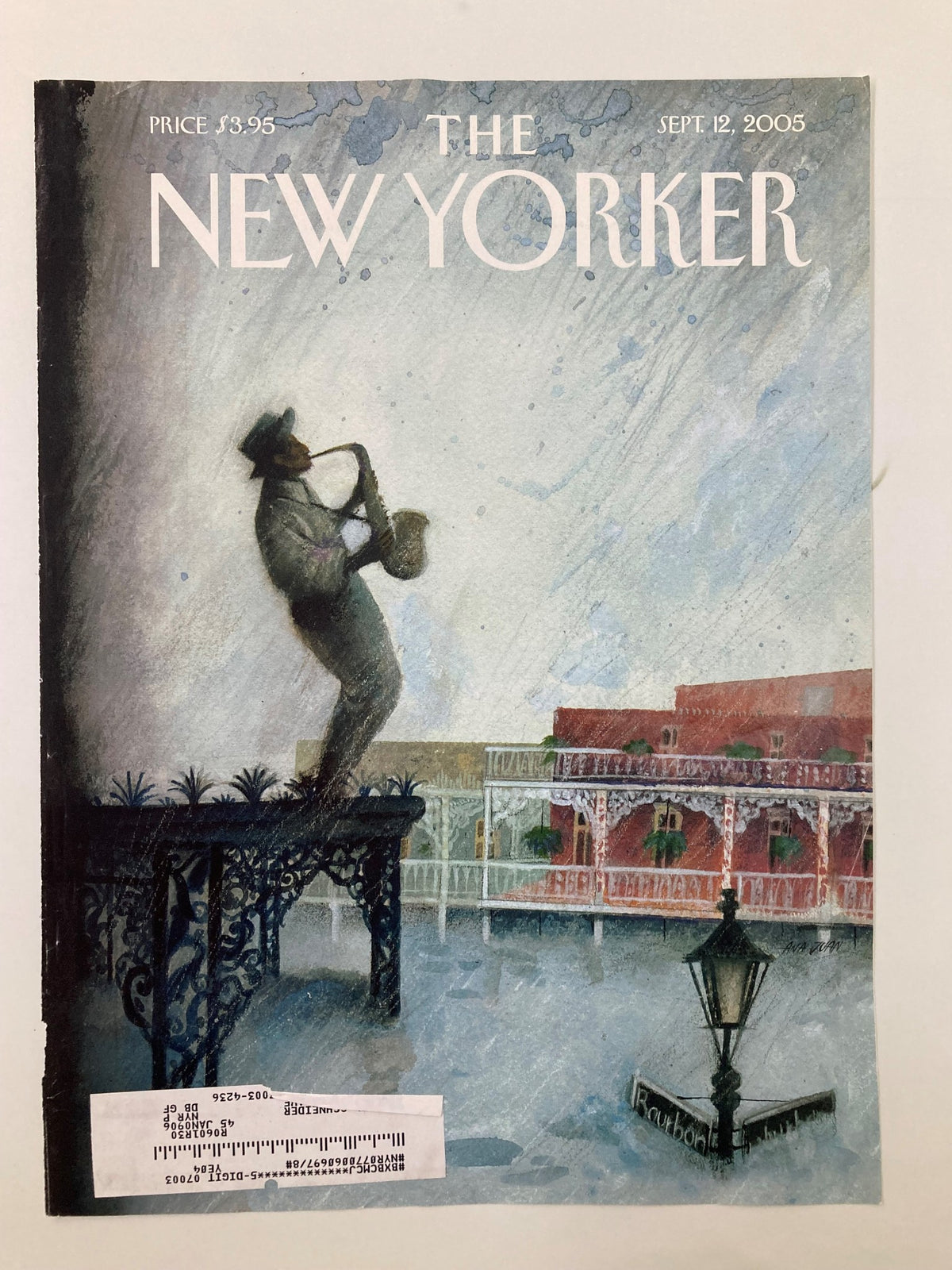 Cover of The New Yorker September 12, 2005, showcasing Ana Juan's artwork 'Requiem,' illustrating a saxophonist on a balcony in a hazy blue atmosphere, emphasizing artistic expression and culture.
