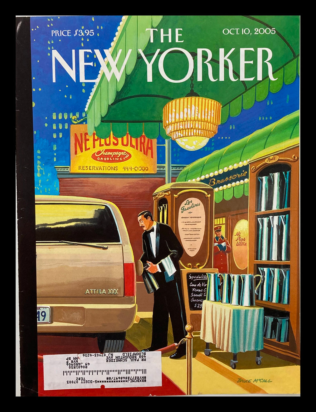 The New Yorker October 10 2005 cover artwork titled 'A Soupcon of Ethyl' by Bruce McCall, featuring a stylish scene outside a restaurant with a man in formal attire and a luxurious car.