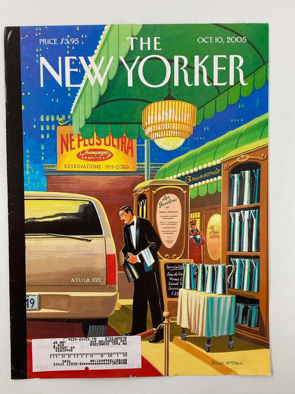 The New Yorker October 10 2005 cover titled 'A Soupcon of Ethyl' by Bruce McCall, showcasing a vibrant illustration of a man attending to a luxurious vehicle near a restaurant entrance.