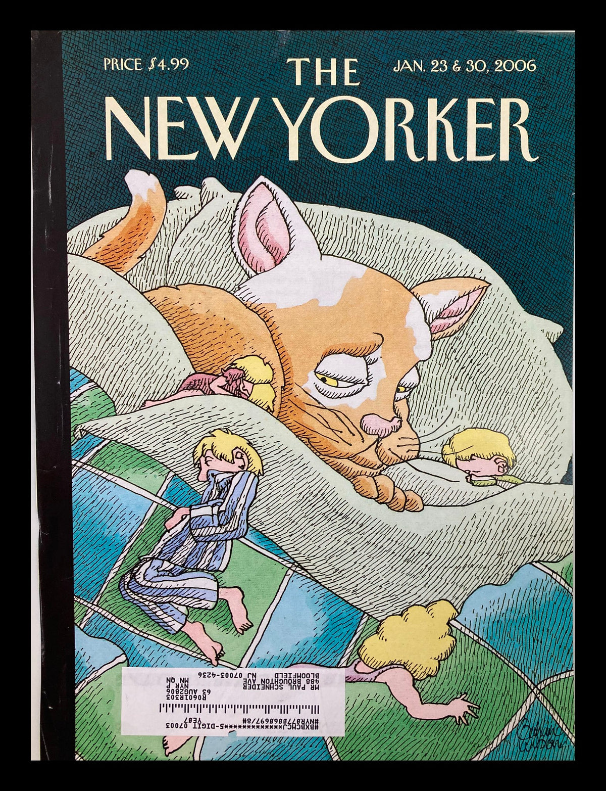 The New Yorker January 23 2006 Cover titled 'Sleeping with Your Cat' by Gahan Wilson, featuring a whimsical illustration of a cat sleeping on a bed with children, highlighting the bond between pets and their owners.