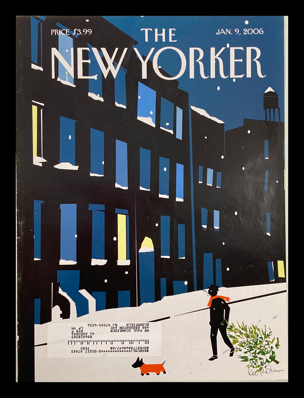 Cover of The New Yorker magazine dated January 9, 2006, featuring the illustration "Out with the Old" by Kim DeMarco, depicting a snowy street scene with a figure walking a dog.