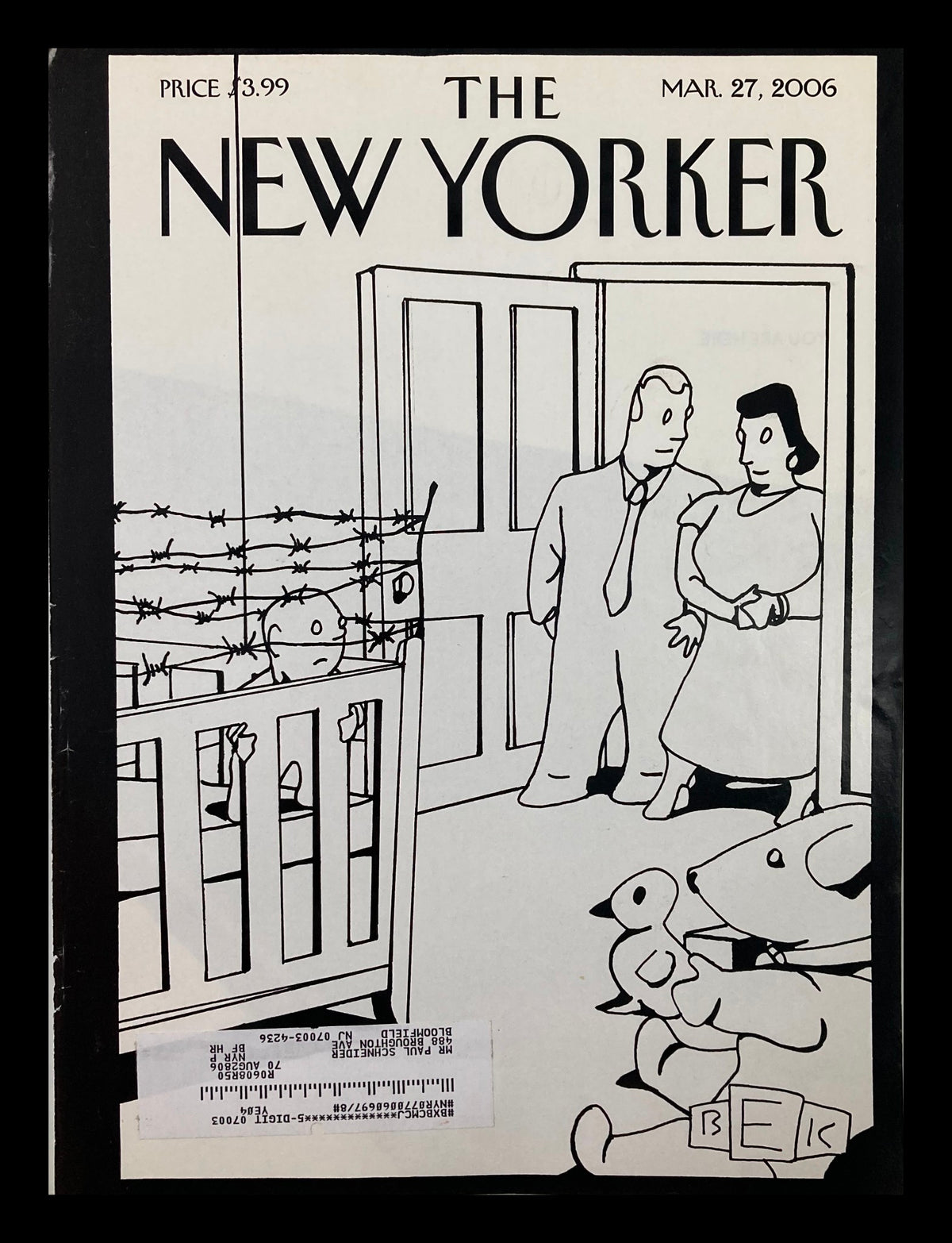 The New Yorker March 27, 2006 cover art titled 'Barbwire Crib' by Bruce Eric Kaplan, featuring a humorous illustration of a couple standing outside a crib with barbed wire, depicting a blend of artistry and wit.