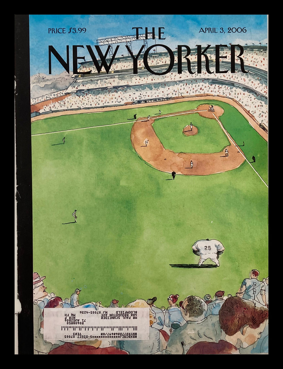 Cover of The New Yorker April 3 2006 featuring the illustration 'Bigger Than The Game' by Sean Penn, depicting a baseball field with fans in attendance.