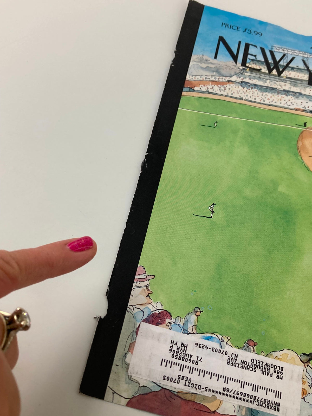Detailed image of The New Yorker April 3 2006 cover highlighting wear and imperfections, with emphasis on the artwork 'Bigger Than The Game' by Sean Penn.