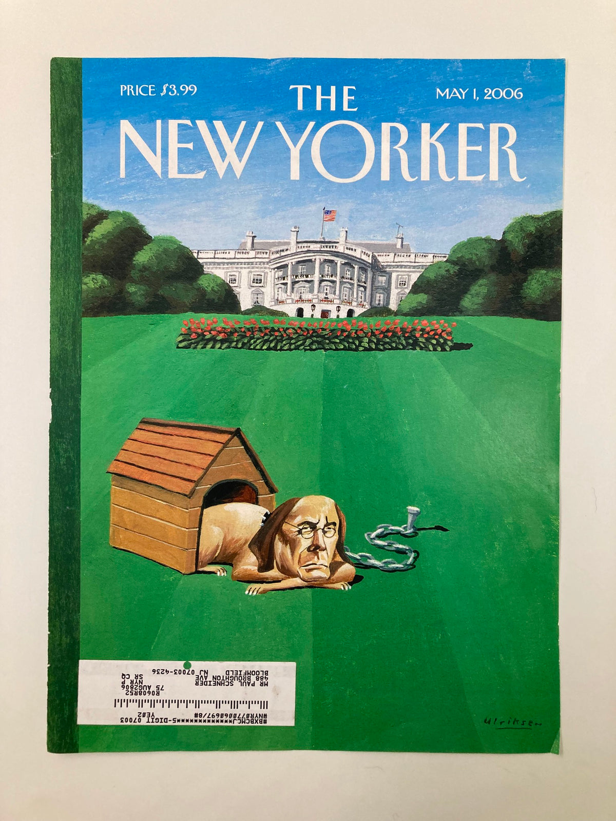 The New Yorker May 1, 2006 cover titled 'In The Dog House' by Mark Ulriksen, showcasing a poignant illustration of a dog and dog house with the White House in the background.