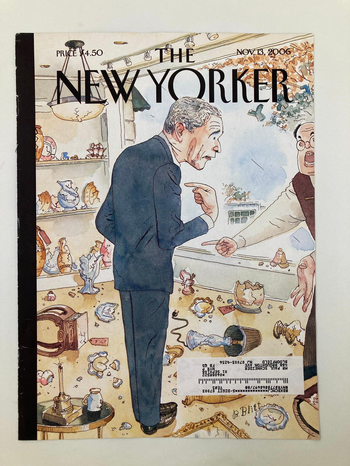 The New Yorker November 13 2006 Cover - You Broke It by Barry Blitt, featuring a satirical illustration of a man gesturing with broken dishes scattered around, reflecting cultural commentary and artistic expression.