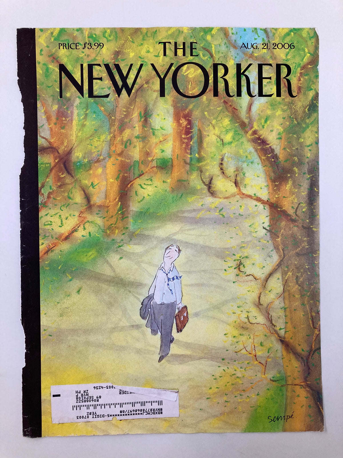 The New Yorker cover from August 21, 2006, showcasing 'Fresh Intoxication' by Jean-Jacques Sempé, depicting a serene scene of a figure with a briefcase strolling along a vibrant tree-lined path.