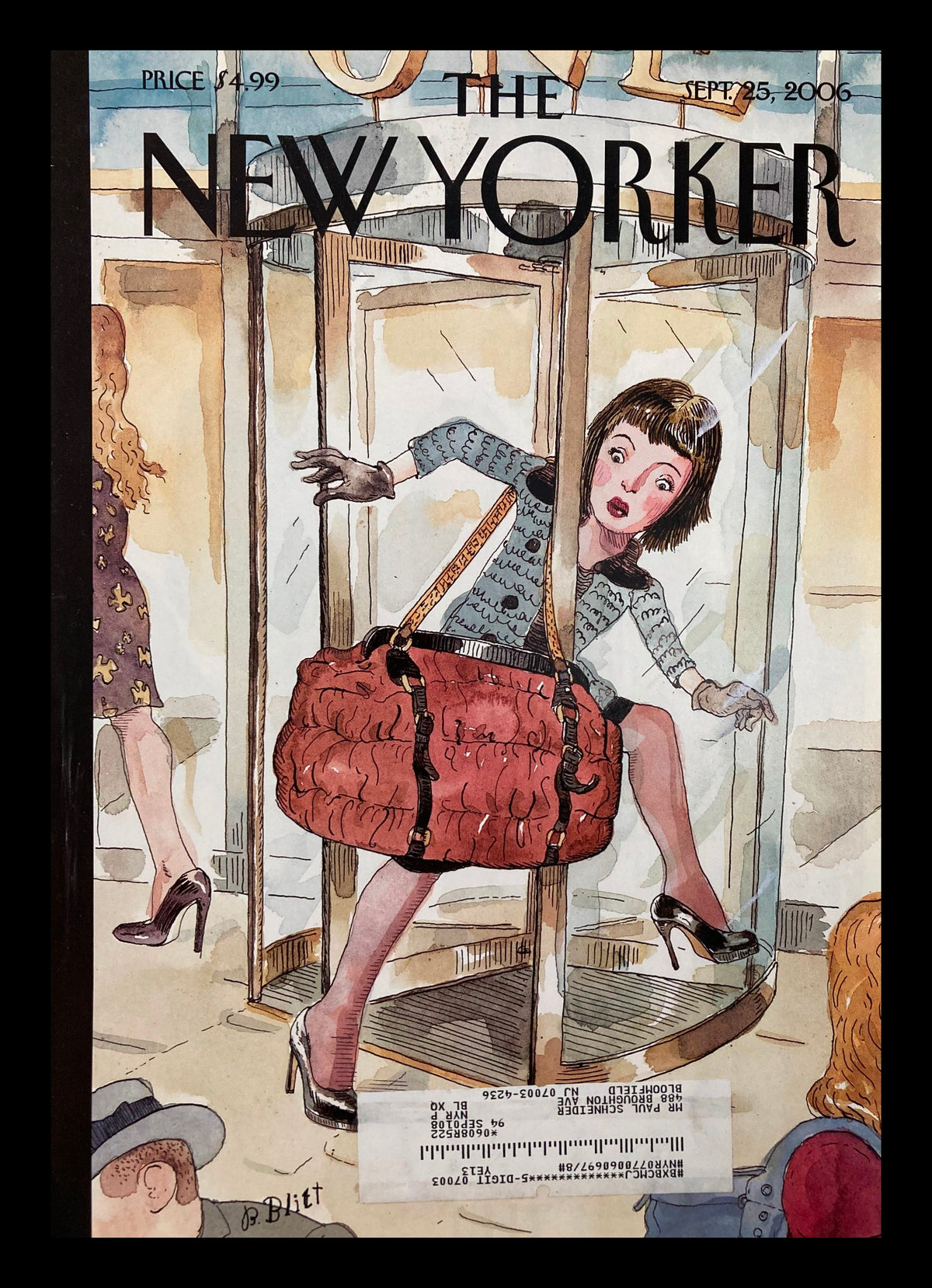 The New Yorker Cover September 25 2006 by Barry Blitt featuring a whimsical illustration of a woman caught in a revolving door with a large bag, showcasing a blend of art and social commentary.