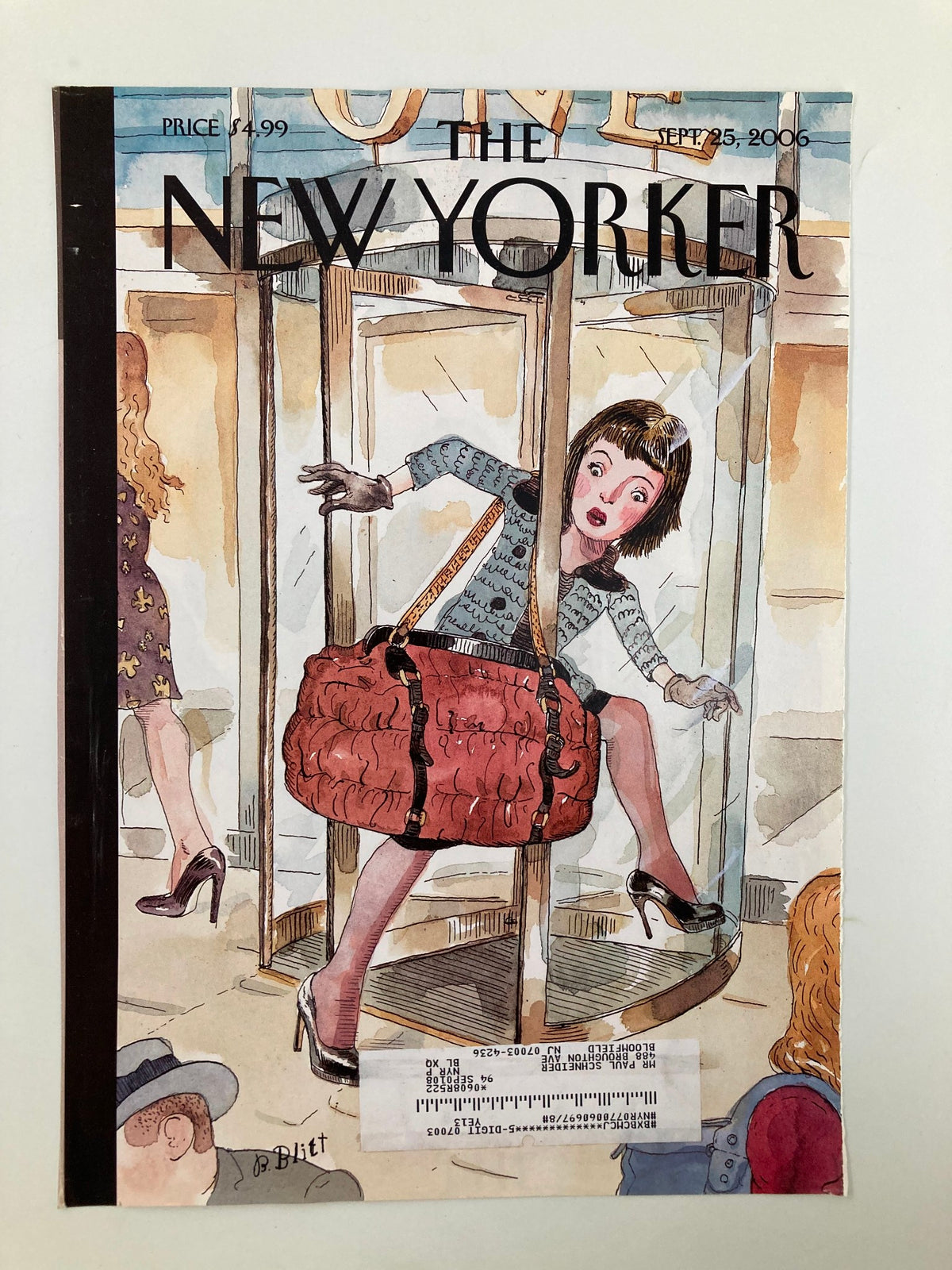 The New Yorker Cover September 25 2006 by Barry Blitt, depicting a humorous scene of a woman in a revolving door, highlighting the unique artistry and vibrant colors characteristic of the magazine.
