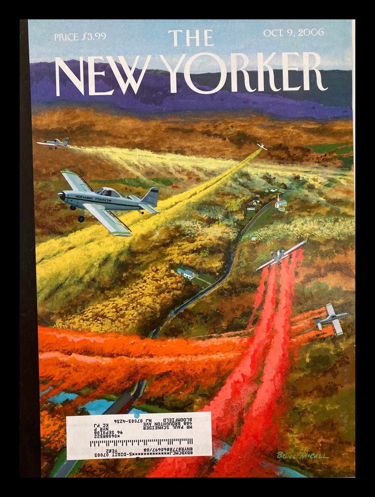 Cover only of The New Yorker, October 9, 2006, titled 'Fall Ritual' by Bruce McCall, featuring a vibrant illustration of autumn landscape with planes flying over colorful foliage.