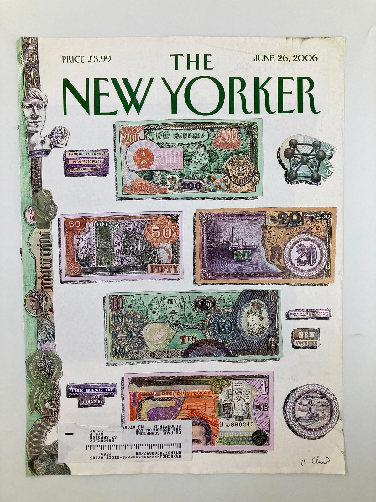The New Yorker cover from June 26, 2006, titled 'Mad Money' by Roz Chast, presenting a creative collage of international currency, reflecting on the theme of money with a humorous twist.